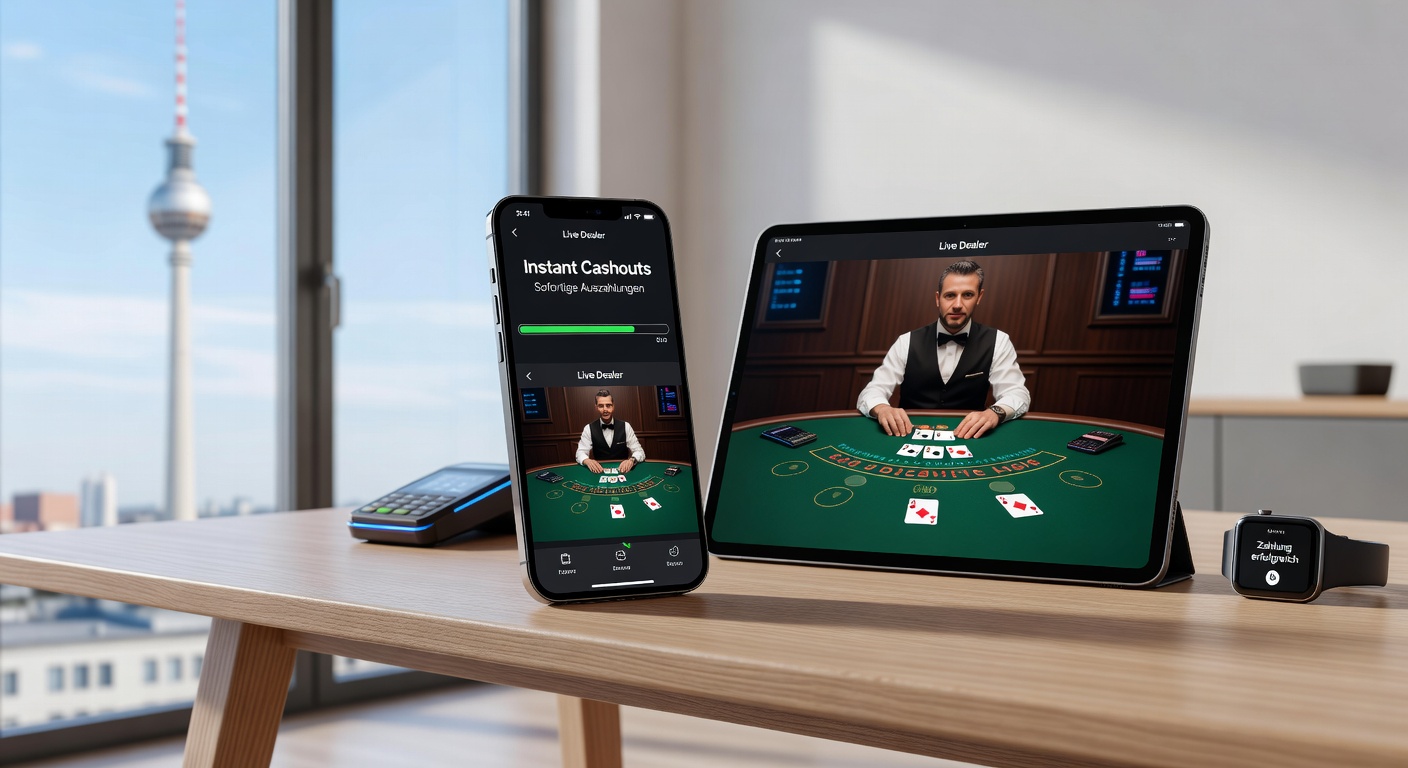 Smartphone mit Live-Dealer-Tischspiel auf dem Bildschirm, umgeben von Zahlungssymbolen wie Blitz-Auszahlungen und mobilen Wallets