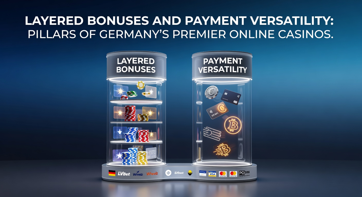 Grafik zu gestuften Boni und vielfältigen Zahlungsoptionen in deutschen Online-Casinos, die Stabilität und Attraktivität symbolisieren