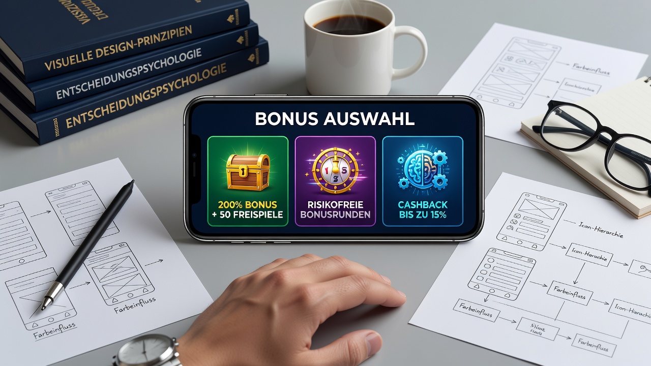 Visuelle Gestaltungselemente wie Farben und Schaltflächen in einer lizenzierten deutschen Mobile-Casino-App beeinflussen die Bonusselektion
