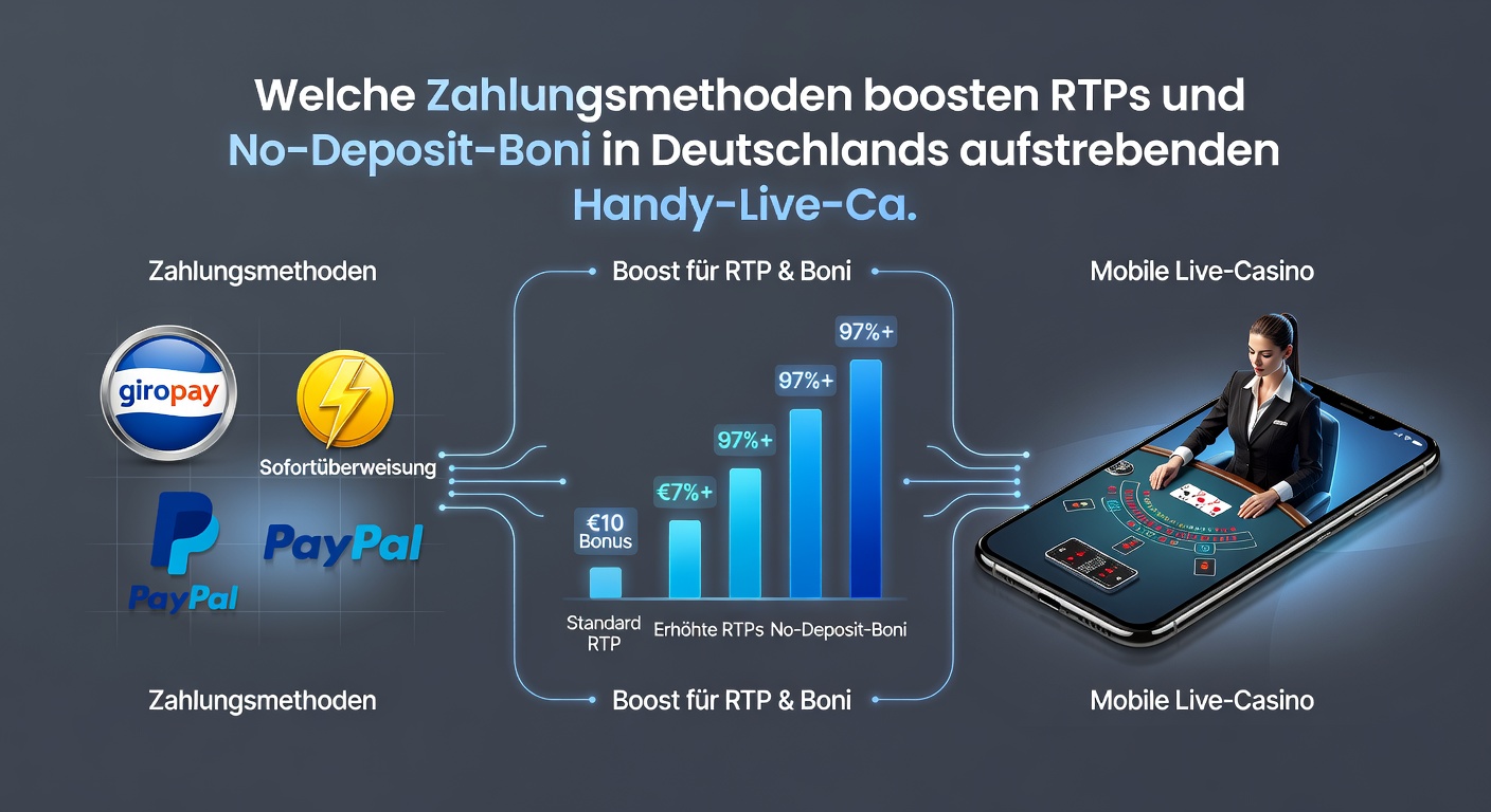 Grafik mit RTP-Diagrammen, No-Deposit-Bonus-Icons und Logos von Zahlungsmethoden wie Klarna, PayPal und Bitcoin, die Vorteile in mobilen Live-Casinos hervorheben